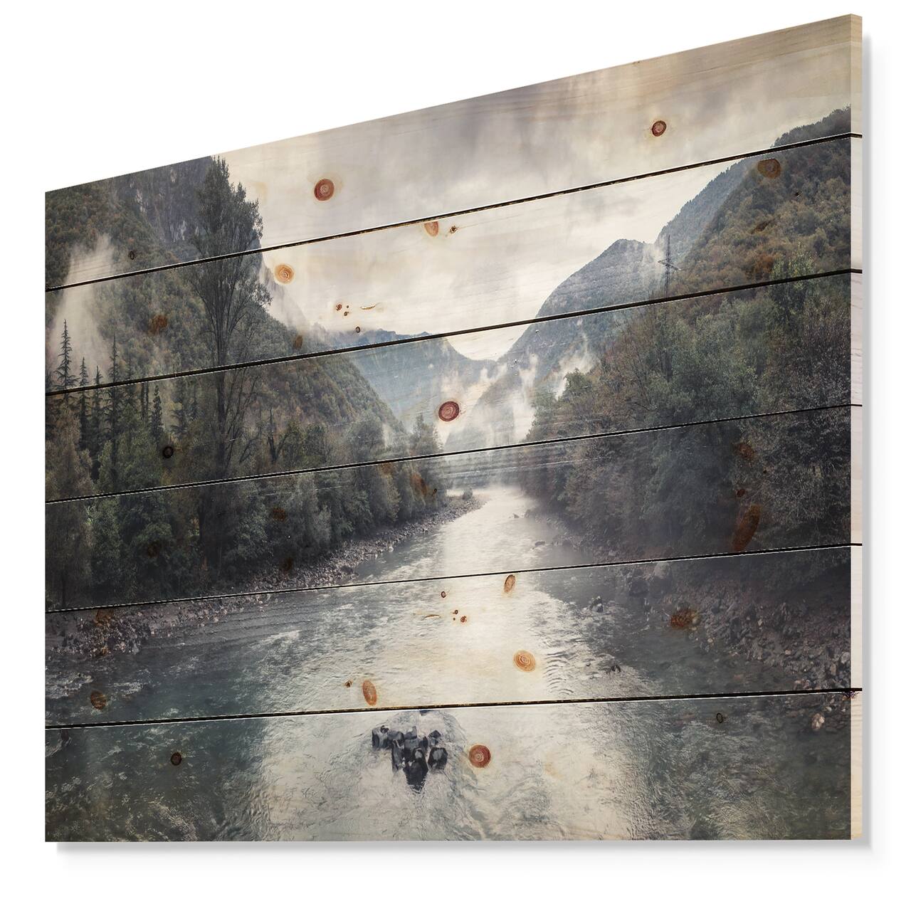 Designart - Mountain River with Fog and Rain - Modern Seascape Print on Natural Pine Wood